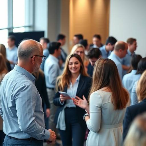 Fotografía de evento corporativo con personas interactuando en un ambiente profesional